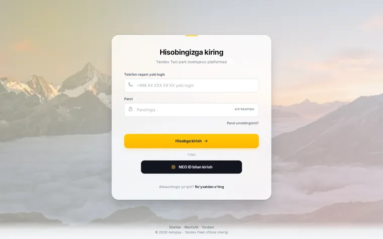 Avtopay: Yandex Taxi park boshqaruv platformasiga kirish sahifasi