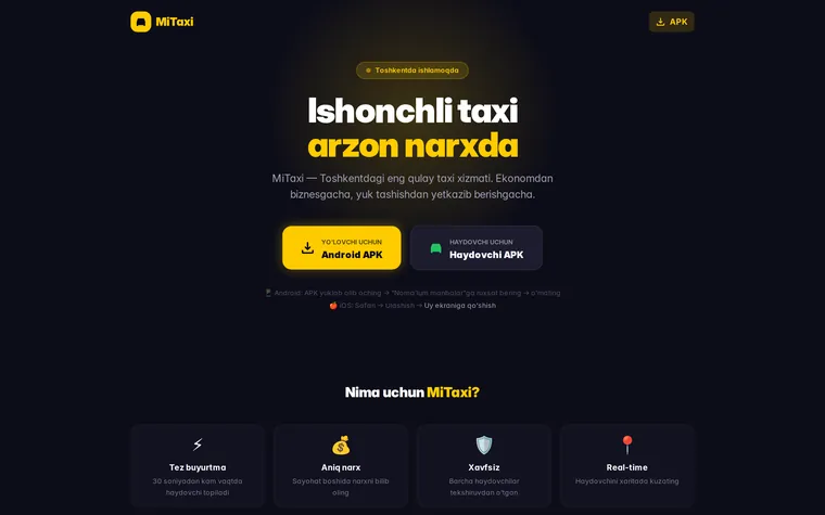 MiTaxi: taksi buyurtma ilovasi sahifasi