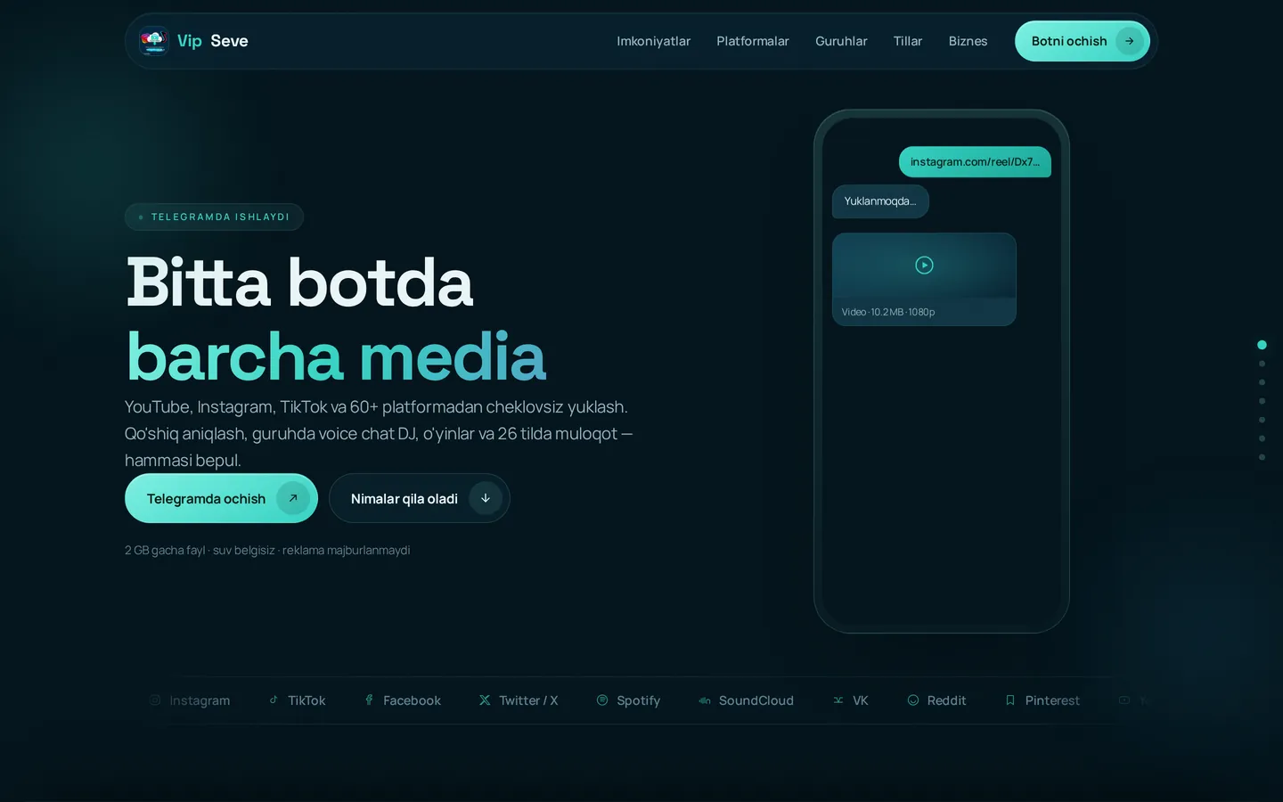 VipSeve bosh sahifasi: Telegramda media yuklovchi bot